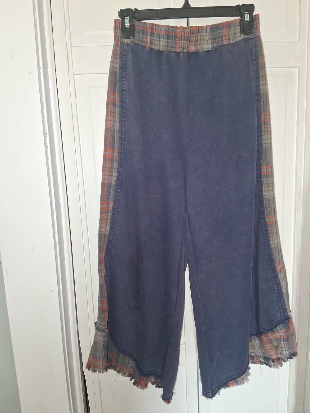 Oli & Hali Blue Wide-Leg Pants with Plaid Trim